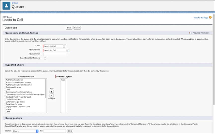 Page showing new queue being created with the task object assigned to the queue