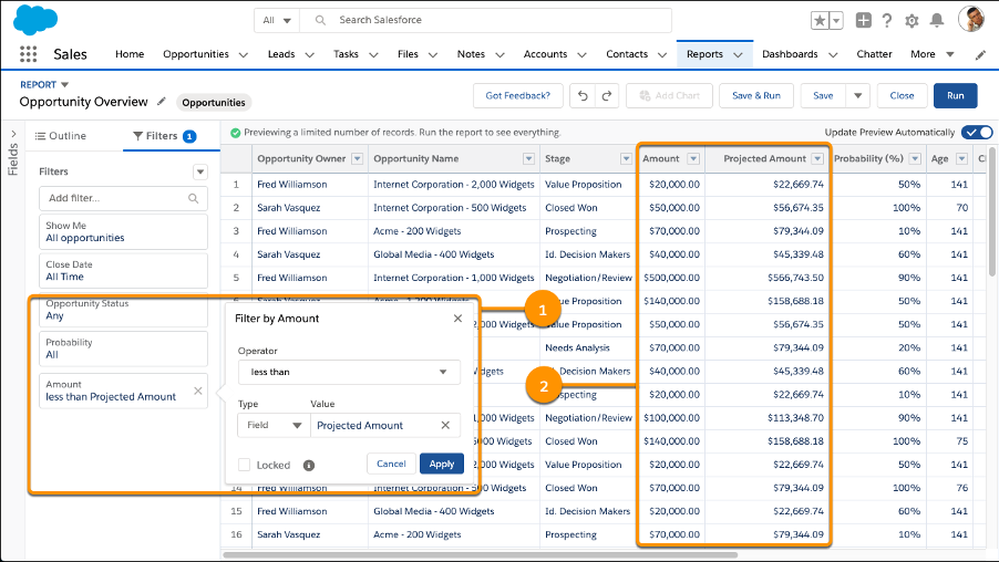 Filtering report data with a field-to-field filter to see opportnities with Amounts less than Projected Amounts