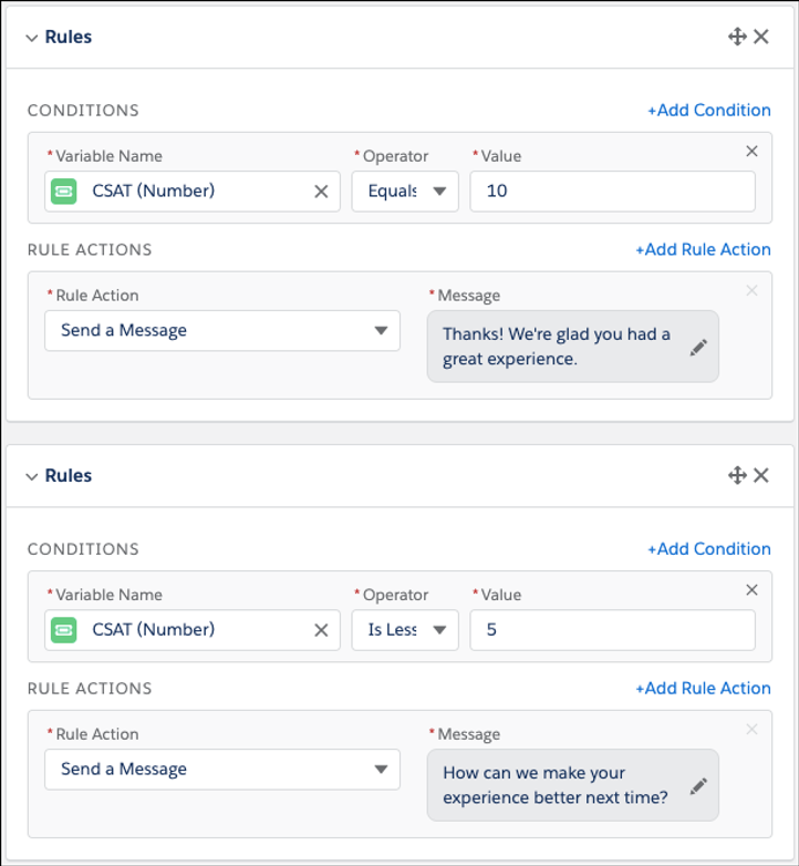 Two rule dialog element steps with conditional messages based upon a CSAT score.