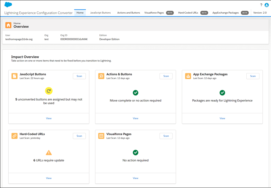 The Lightning Experience Configuration Converter Home tab.