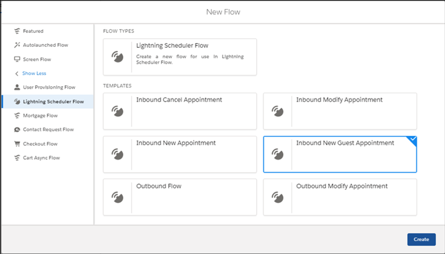 New Flow modal showing standard Inbound New Guest Appointment template for Lightning Scheduler Flow.